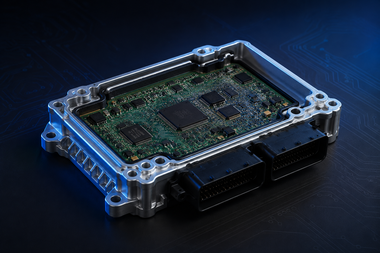 Open automotive engine control unit with a green circuit board, silver housing, and blue lighting